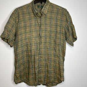 Gitman Bros Linen Shirt Mens Xl Green Plaid Delavé Italy Short Sleeve Button Up